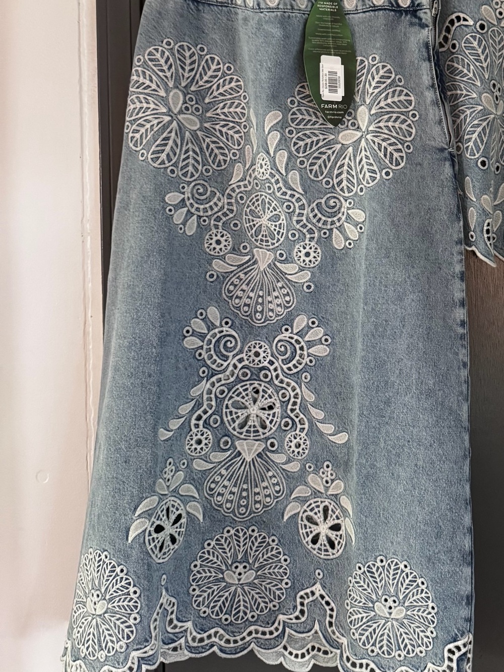 FARM Rio Blue Denim Midi Skirt with White Embroidered Lace Motifs